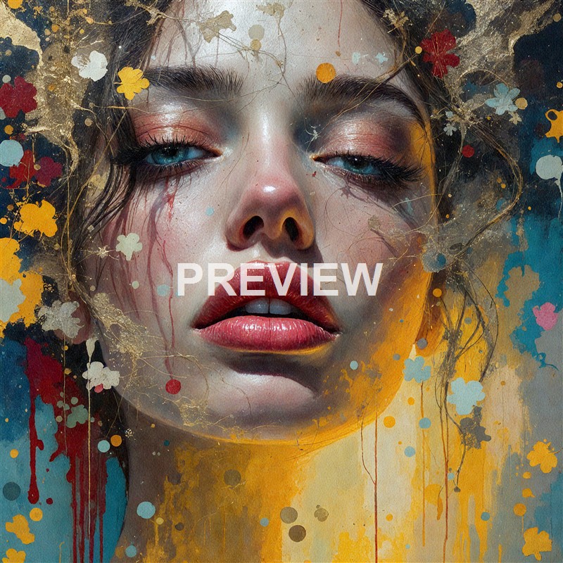 A close-up portrait of a woman with striking blue eyes, makeup, and flowing hair, surrounded by colorful paint splashes and abstract elements.